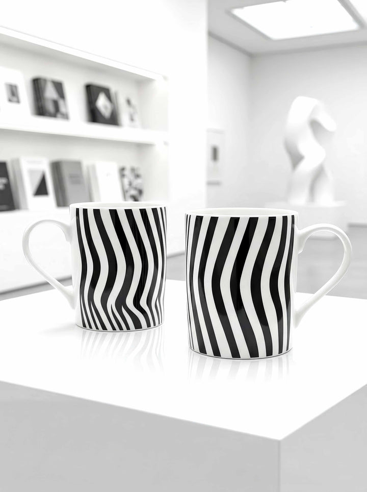 Porcelain Mug Set of 2 Optical Art – two mugs museum display close-up | ArtyGifts
