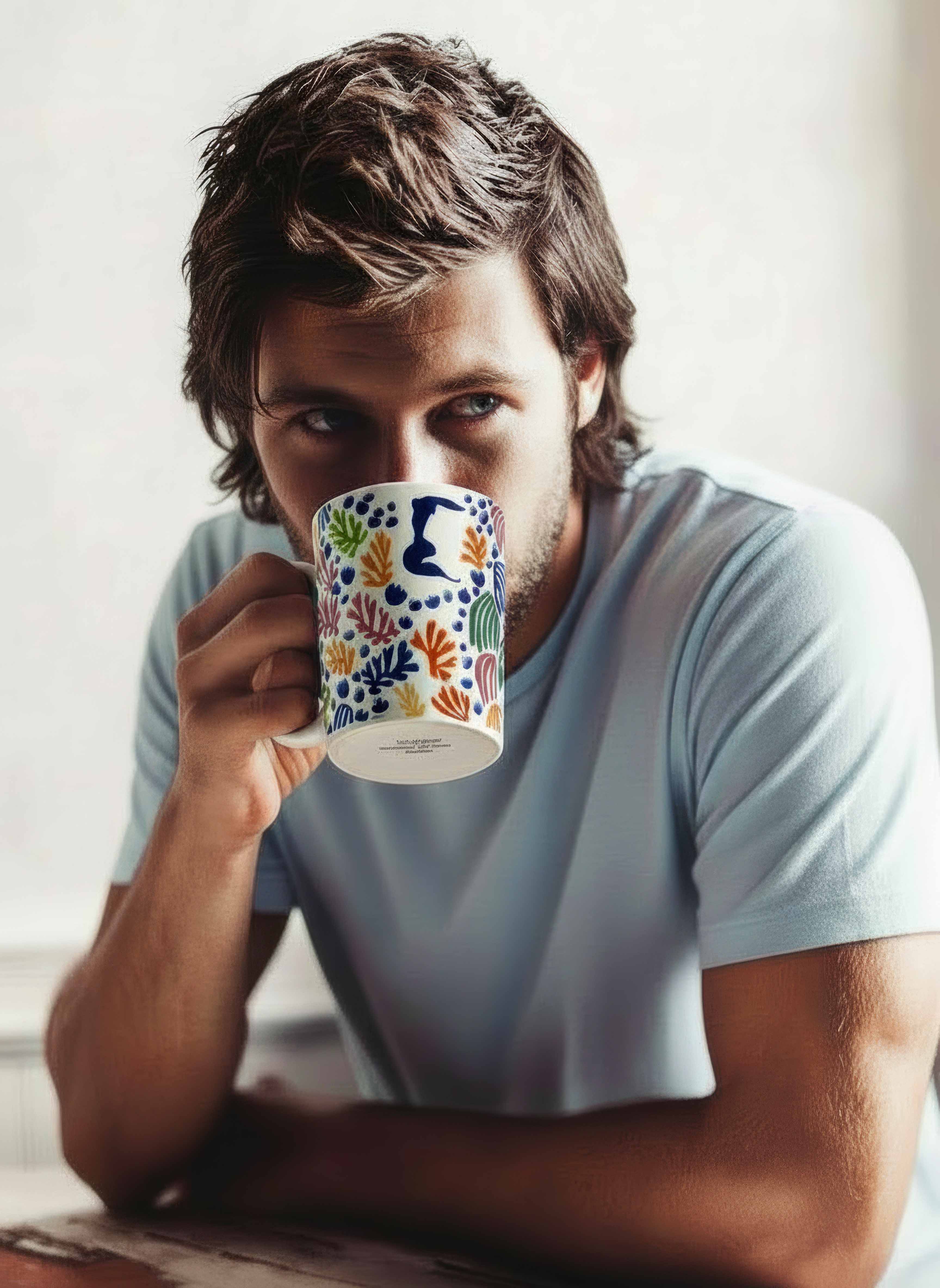 Porcelain Mug Set of 2 The Parakeet and the Mermaid Henri Matisse – lifestyle man drinking coffee | ArtyGifts
