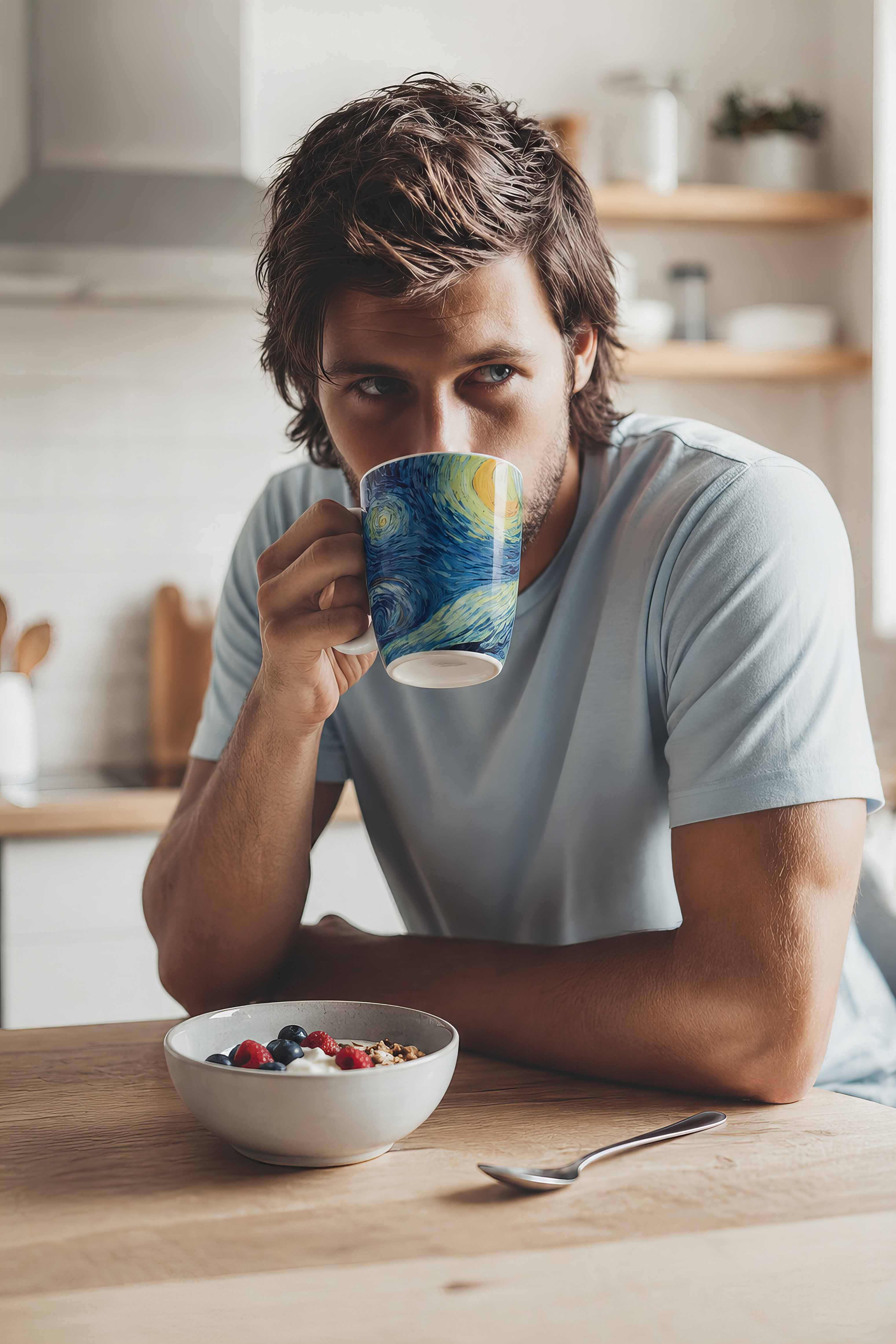 Porcelain Mug Set of 2 The Starry Night Vincent van Gogh – lifestyle man drinking coffee kitchen | ArtyGifts

