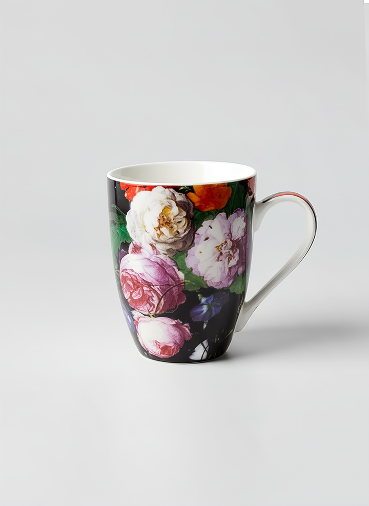 Porcelain Mug Set of 2 Still Life with Flowers in a Glass Vase Jan Davidsz de Heem – single mug front view white background | ArtyGifts
