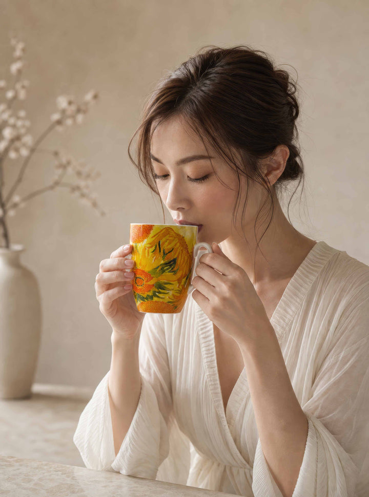 Porcelain Mug Set of 2 Sunflowers Vincent van Gogh – lifestyle woman drinking coffee | ArtyGifts
