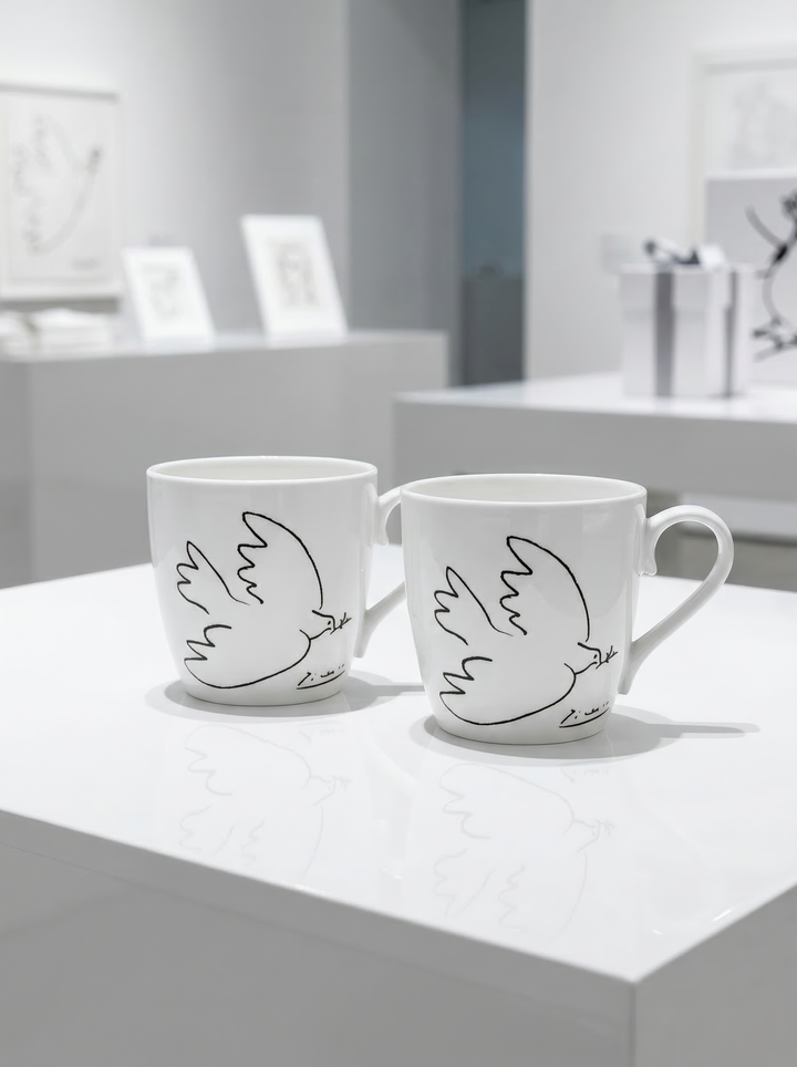 Porcelain Mug Set of 2 The Dove Pablo Picasso – two mugs museum display close-up | ArtyGifts

