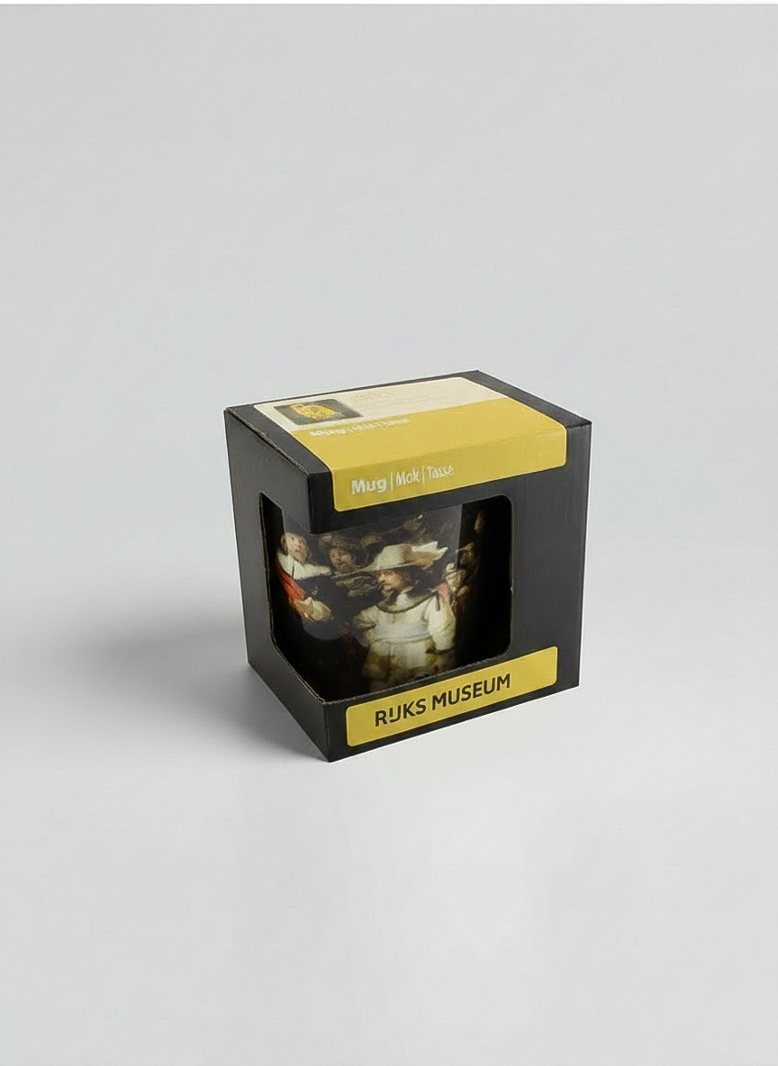 Porcelain Mug Set of 2 The Night Watch Rembrandt van Rijn – gift box packaging front view | ArtyGifts
