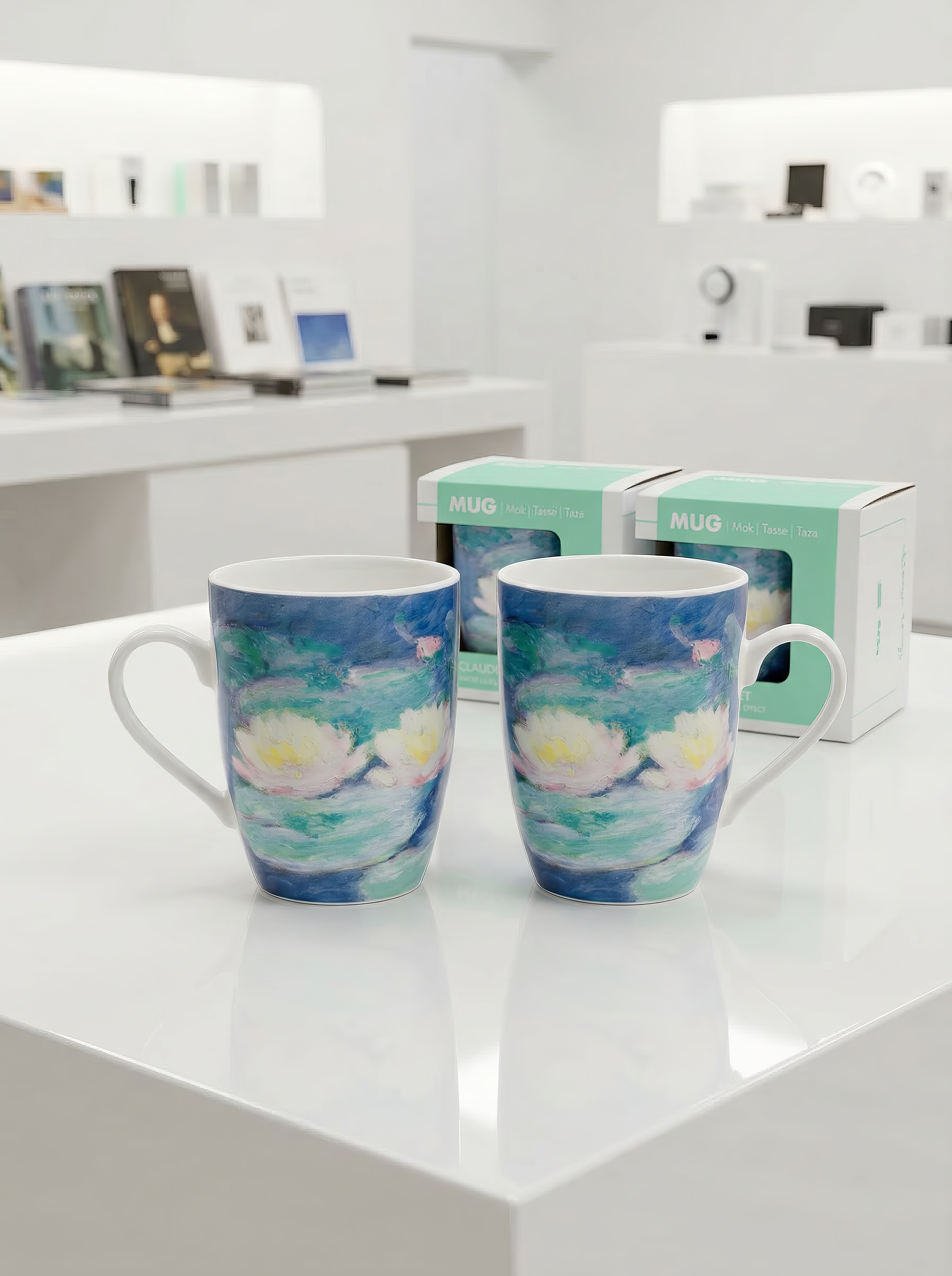 Porcelain Mug Set of 2 Water Lilies by Evening Light Claude Monet – two mugs museum display close-up | ArtyGifts
