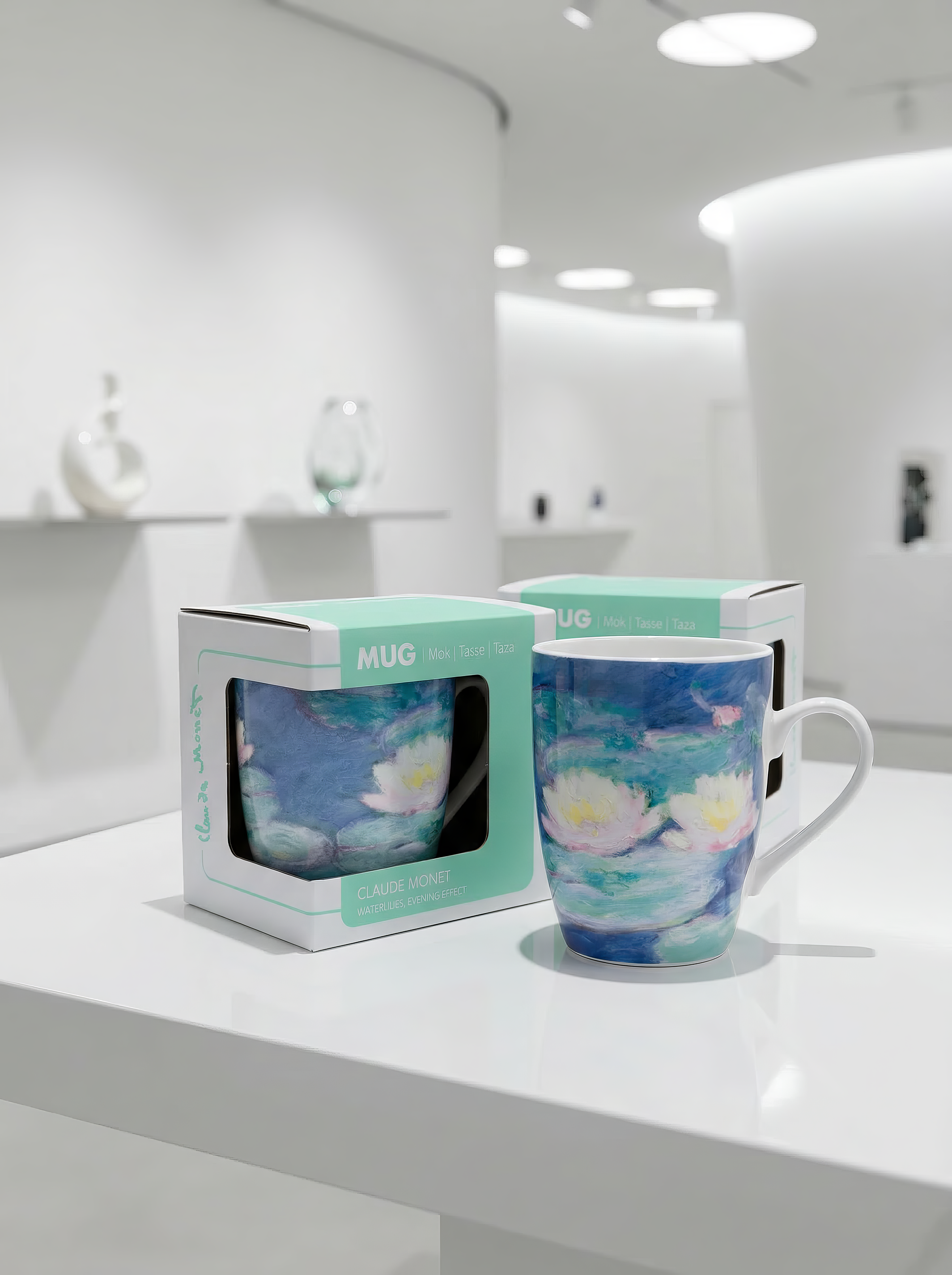 Porcelain Mug Set of 2 Water Lilies by Evening Light Claude Monet – two mugs with packaging museum display | ArtyGifts
