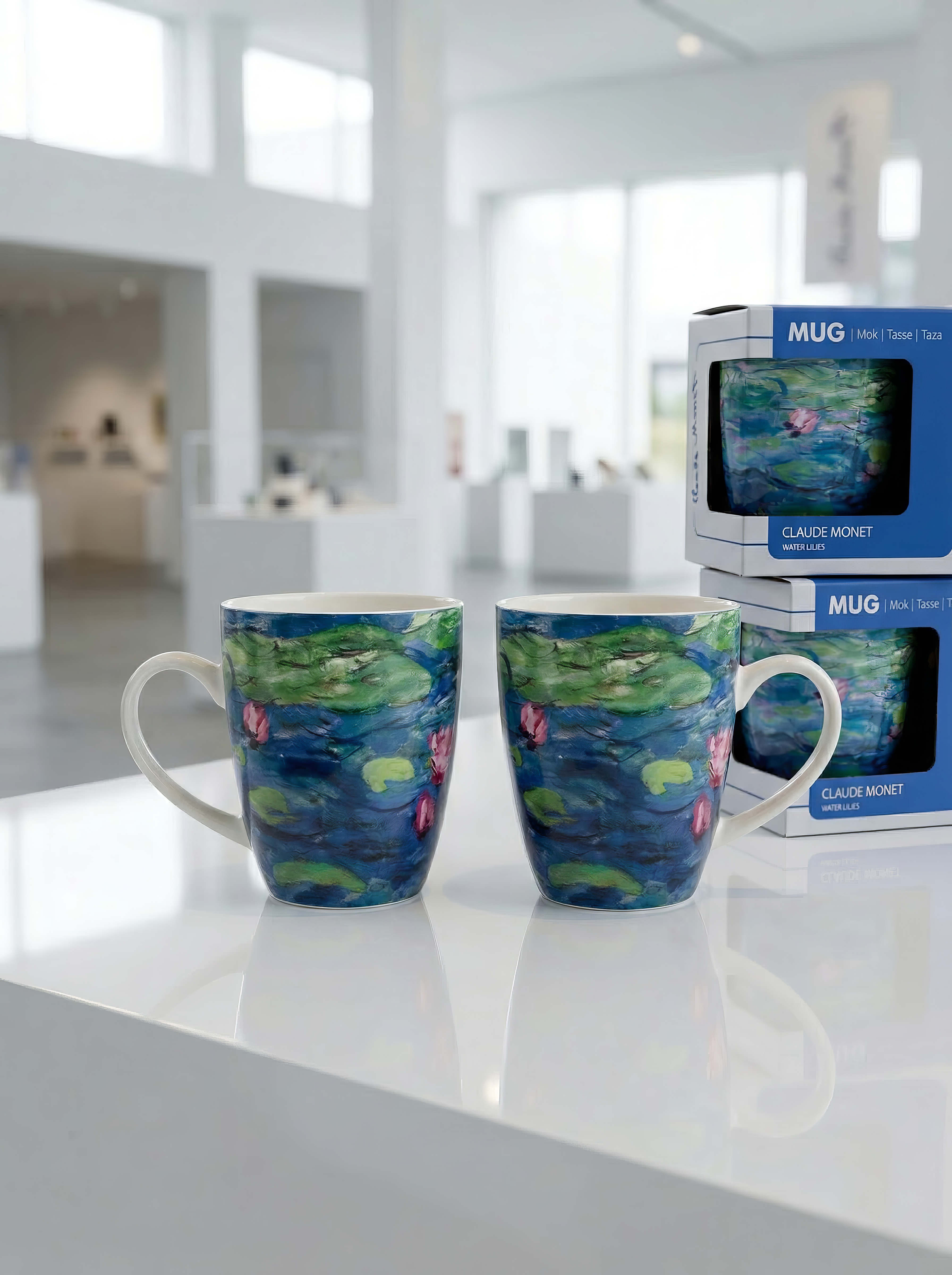 Porcelain Mug Set of 2 Water Lilies Claude Monet – two mugs kitchen lifestyle display | ArtyGifts

