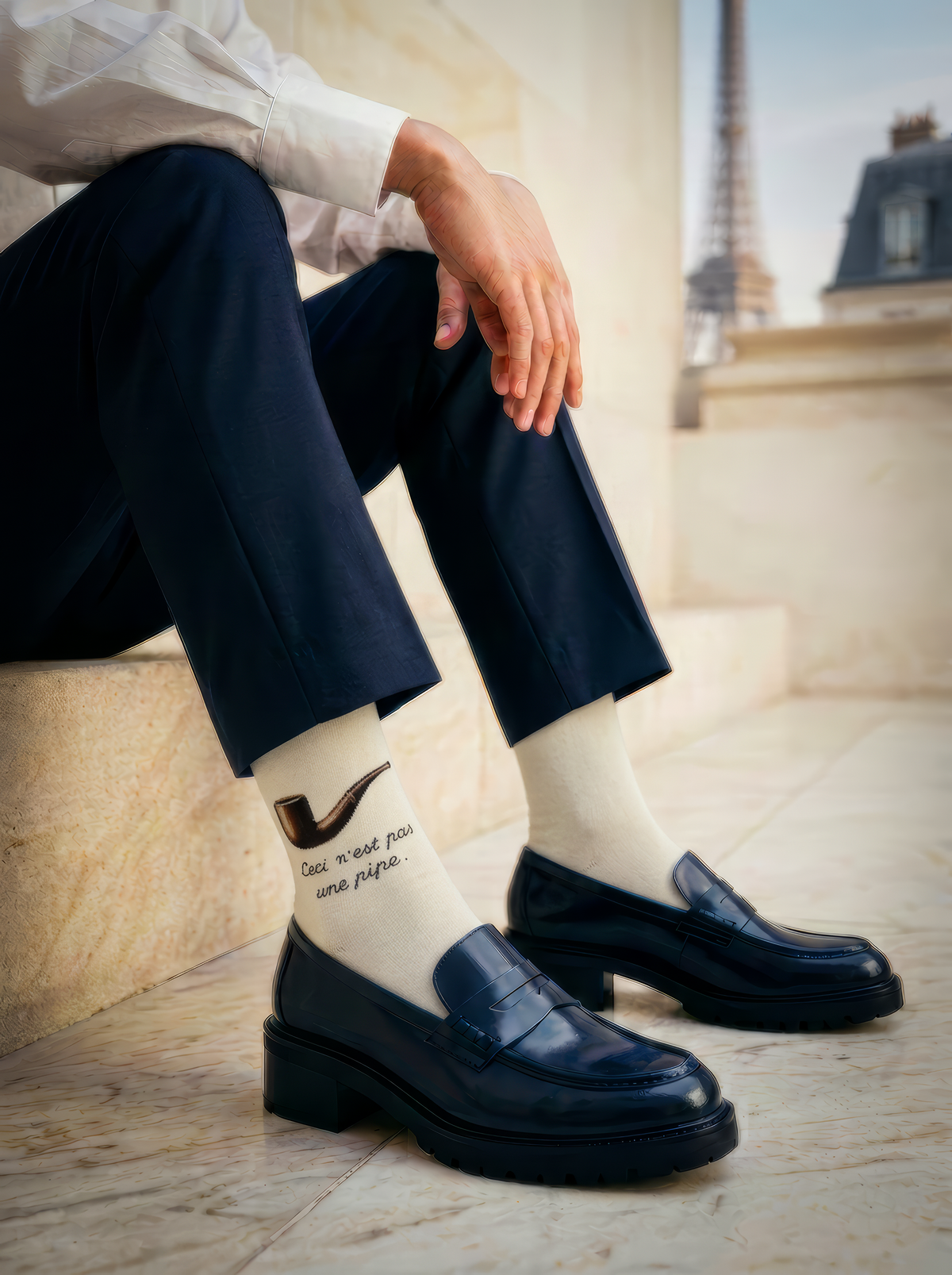 Close-up of a cream Magritte art sock featuring a brown pipe and black lettering, worn with a black leather shoe in a dimly lit setting.
