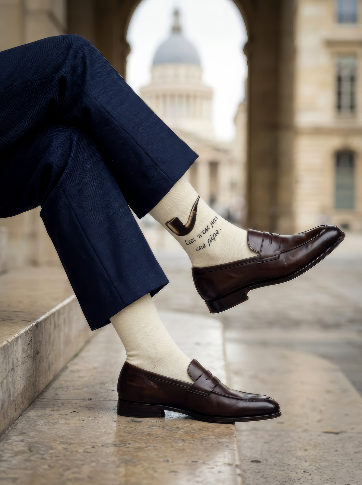 A seated person wears cream Magritte pipe-design art socks with black leather shoes and dark trousers beside a light upholstered chair.
