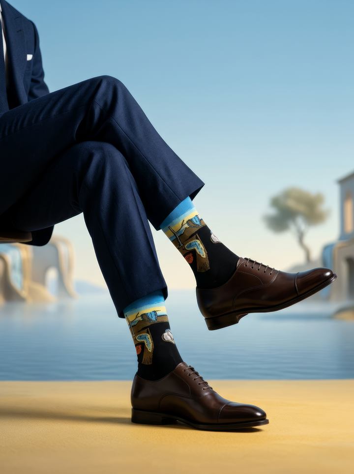 Person in a navy suit sitting with crossed legs, wearing black XL socks featuring Salvador Dalí artwork with polished brown dress shoes against a surreal coastal backdrop.