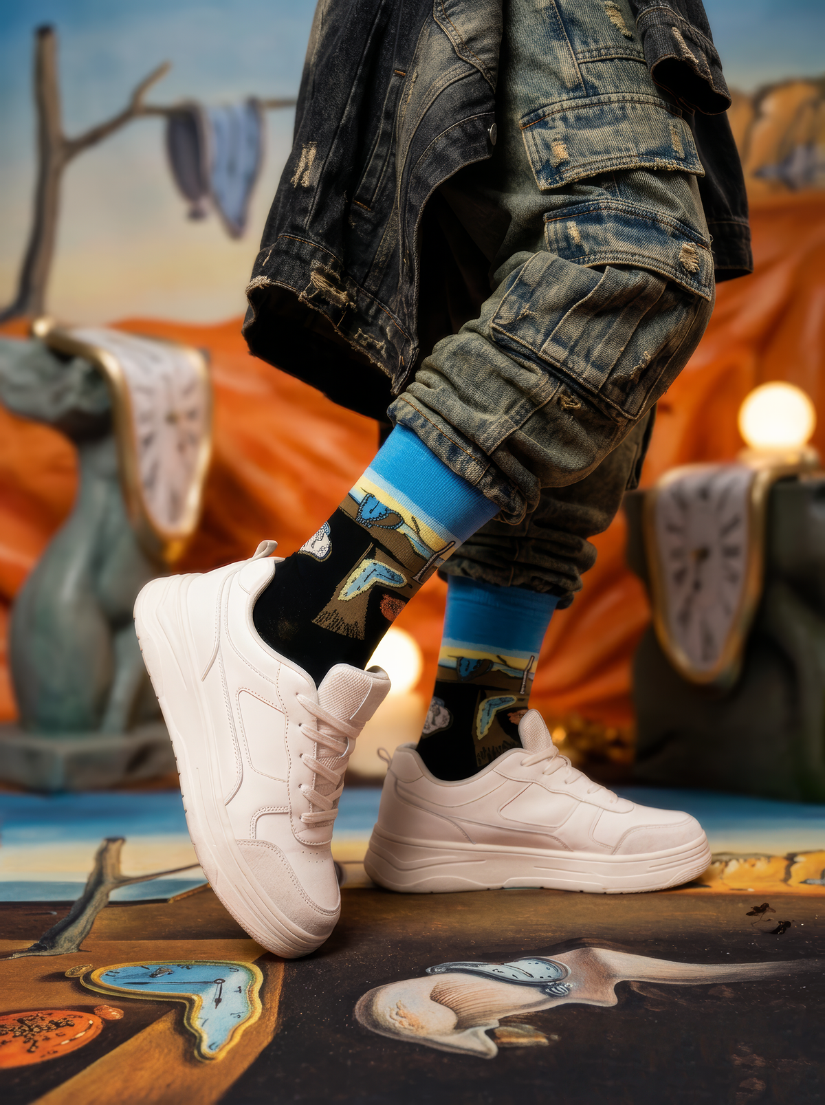 Person in distressed denim and white sneakers wearing black XL socks featuring Salvador Dalí’s melting-clock artwork, standing on a matching surrealist print.⠋

