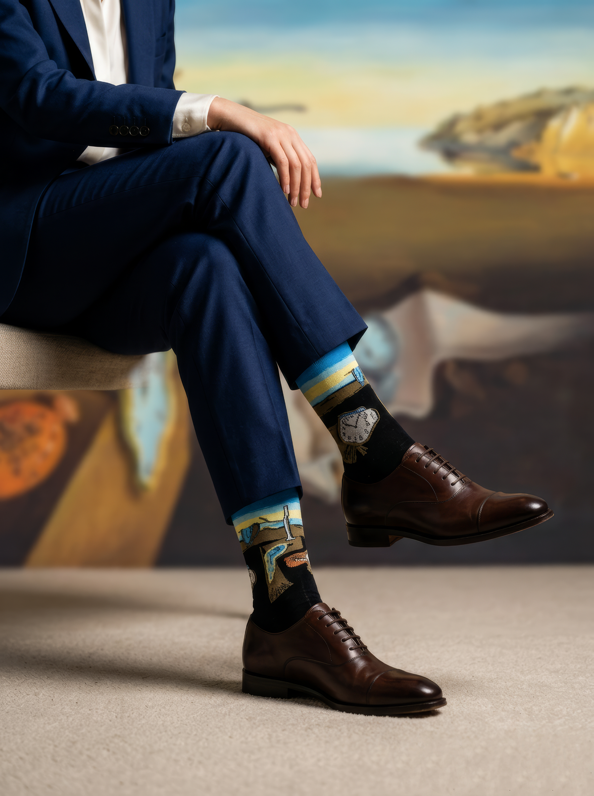 Person in a navy suit wearing black XL socks featuring Salvador Dalí artwork, paired with brown leather dress shoes in a gallery-style setting.⠋

