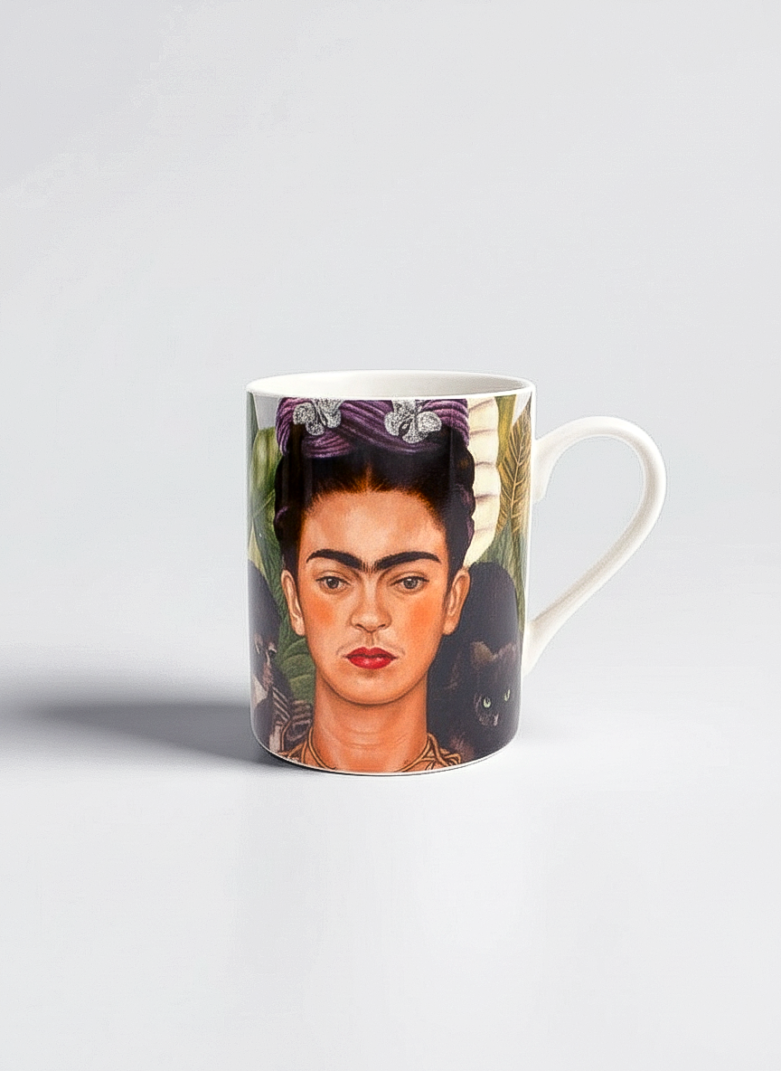 Frida Kahlo Self Portrait mug set – woman holding porcelain mug, ArtyGifts