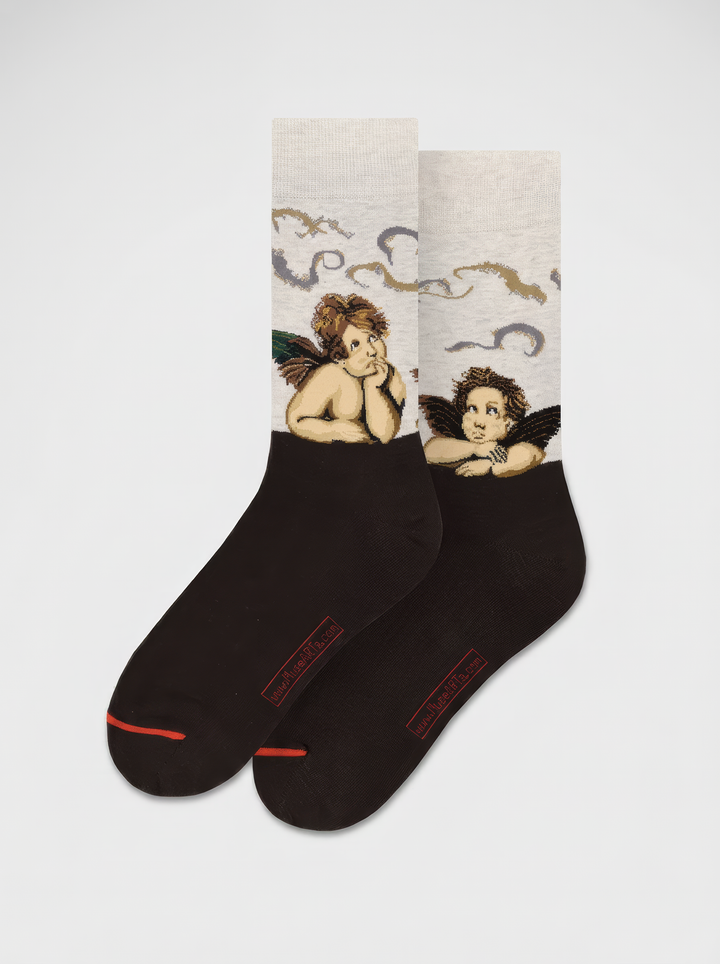 Pair of black Sistine Madonna Angels art socks featuring Raphael’s artwork shown on a white background