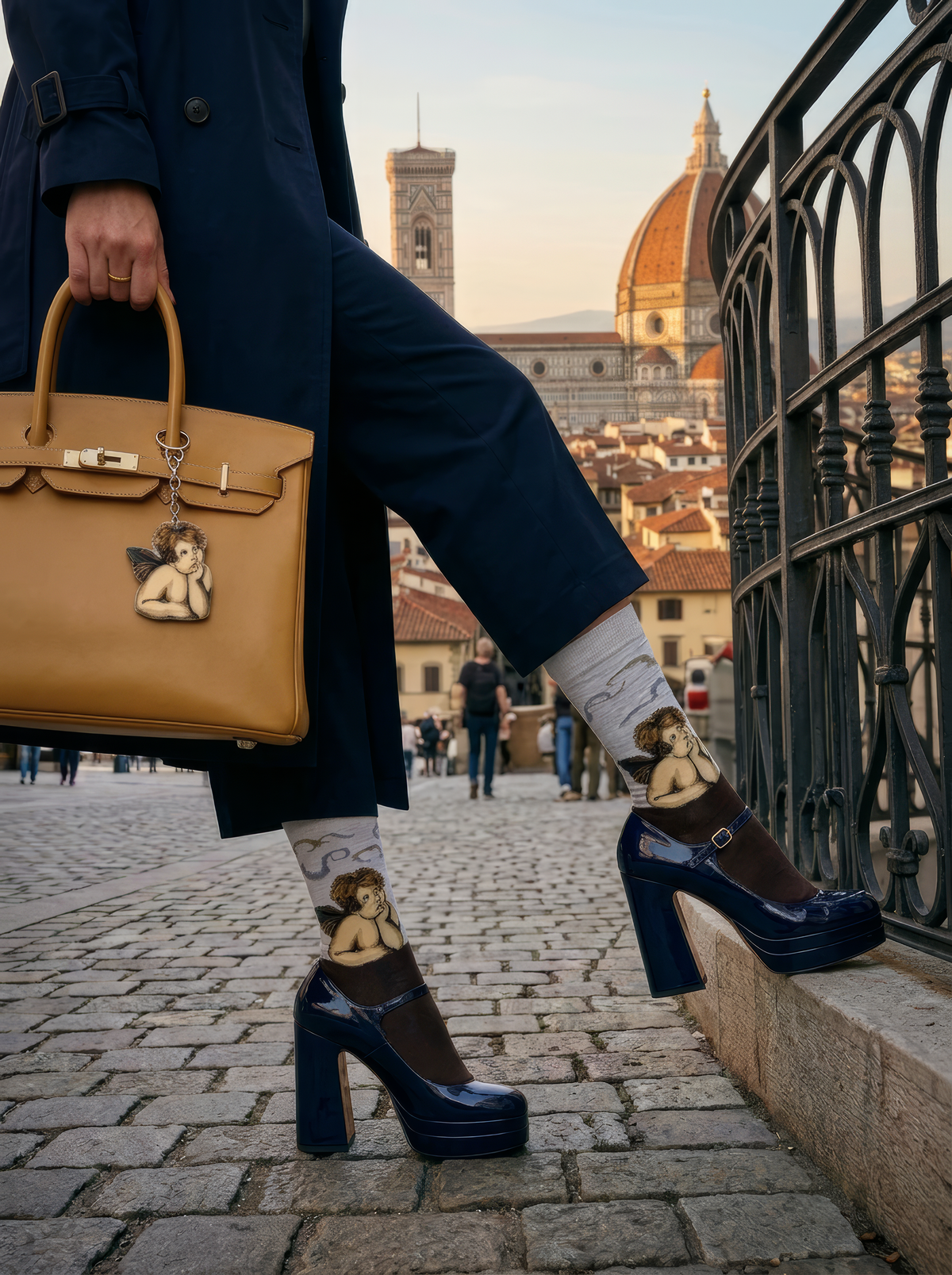 Sistine Madonna Angels art socks featuring Raphael’s artwork worn with black high-heeled shoes while walking through the city