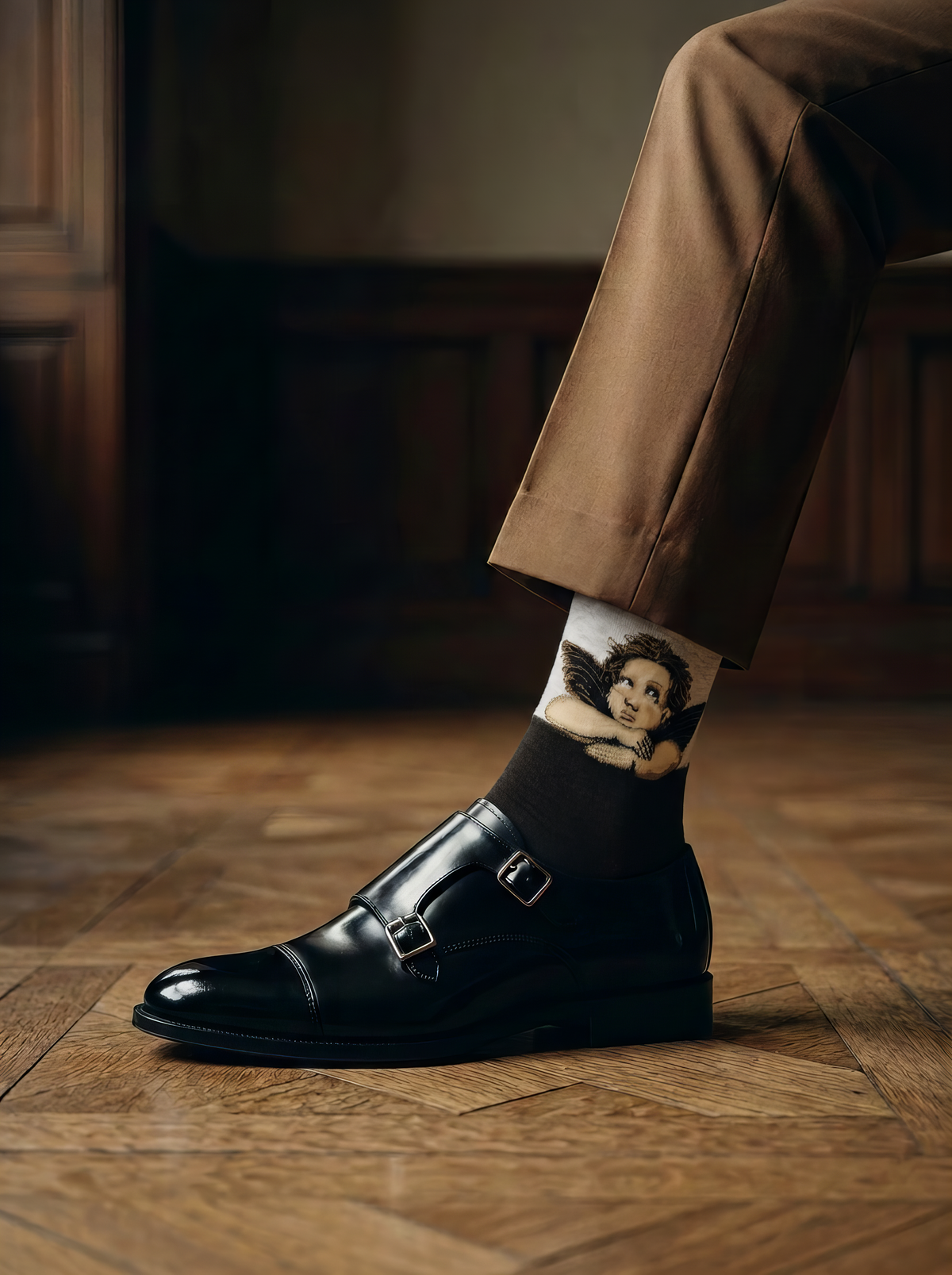 Sistine Madonna Angels art socks featuring Raphael’s artwork worn with black leather ankle shoes and brown trousers

