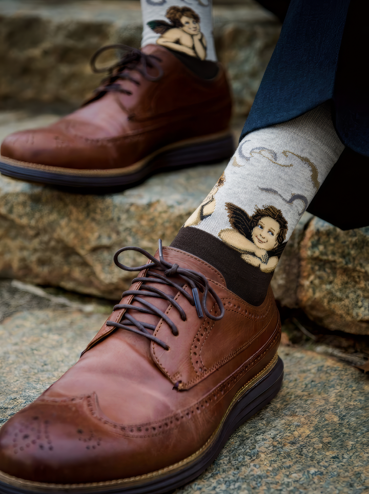 Sistine Madonna Angels art socks featuring Raphael’s artwork worn with brown leather lace-up shoes