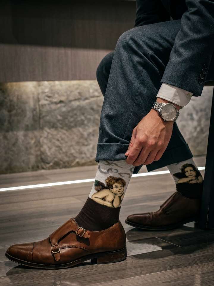 istine Madonna Angels art socks featuring Raphael’s artwork worn with brown leather lace-up shoes on stone steps


