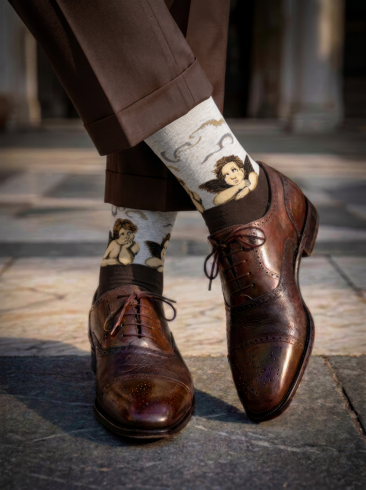 Sistine Madonna Angels art socks featuring Raphael’s artwork worn with brown leather shoes