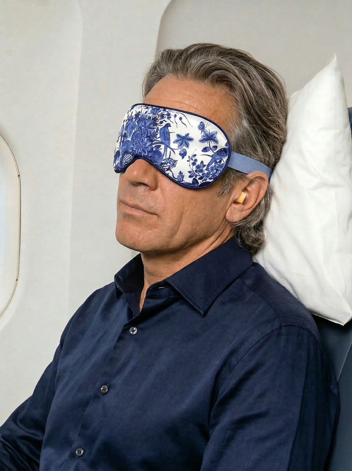 Sleep Mask Delft Blue Birds – lifestyle shot | Rijksmuseum x ArtyGifts
