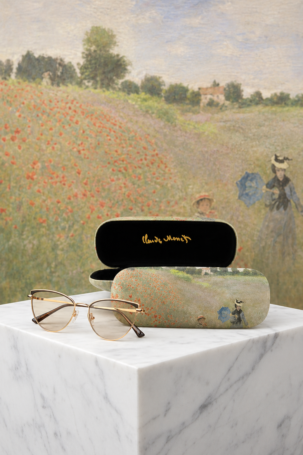 Art spectacle case featuring Field with Poppies by Claude Monet, open with glasses on marble pedestal from ArtyGifts
