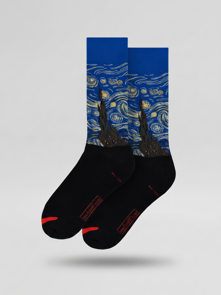 Pair of Starry Night Classic art socks by Vincent van Gogh displayed on a white background