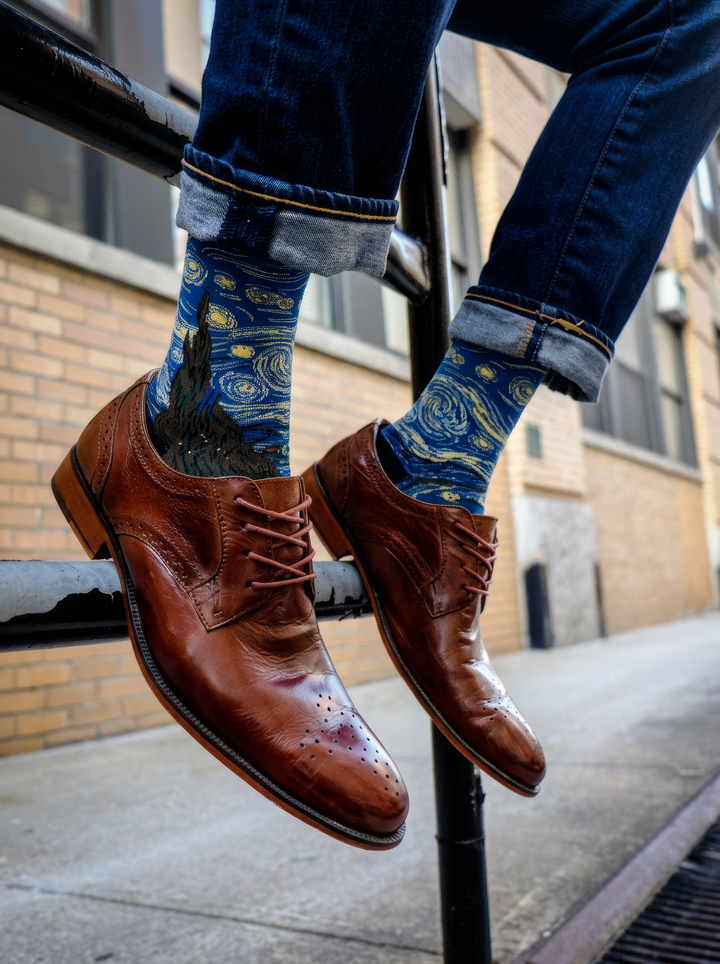 Starry Night Classic art socks styled with brown leather shoes and blue trousers