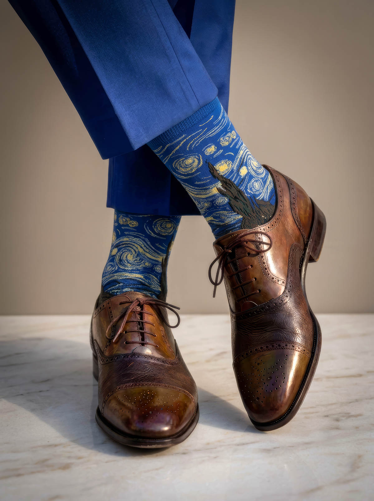 Starry Night Classic art socks by Vincent van Gogh worn with brown brogue shoes and blue trousers