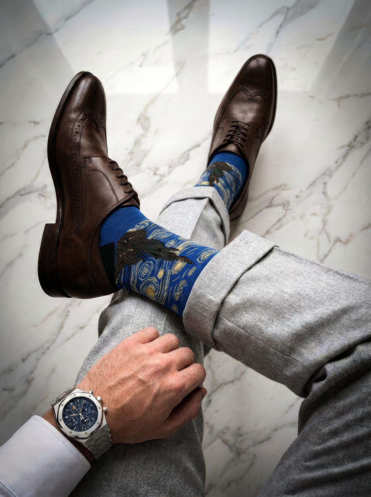Starry Night Classic art socks by Vincent van Gogh worn with brown leather dress shoes and grey trousers⠋