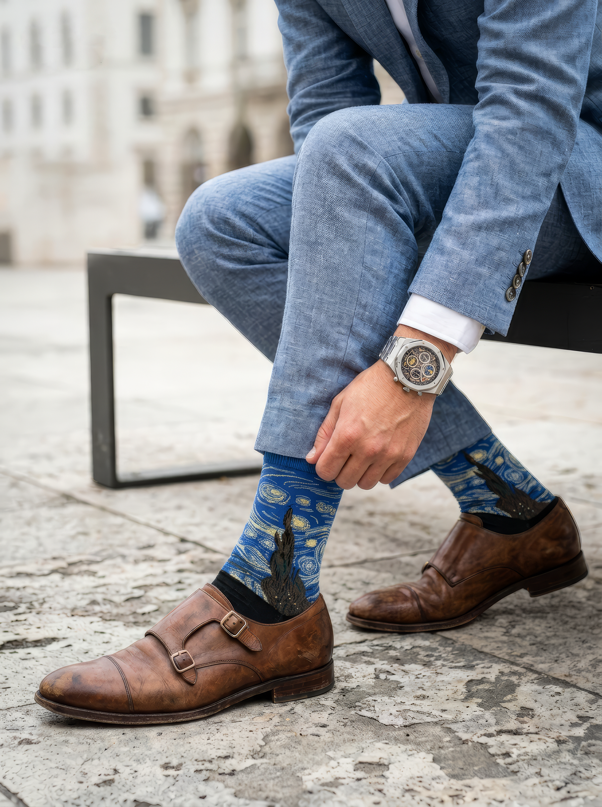 Starry Night Classic art socks by Vincent van Gogh worn with brown monk strap shoes and a blue suit⠋