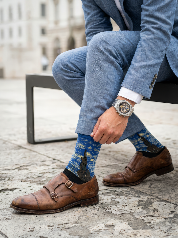 Starry Night Classic art socks by Vincent van Gogh worn with brown monk strap shoes and a blue suit⠋