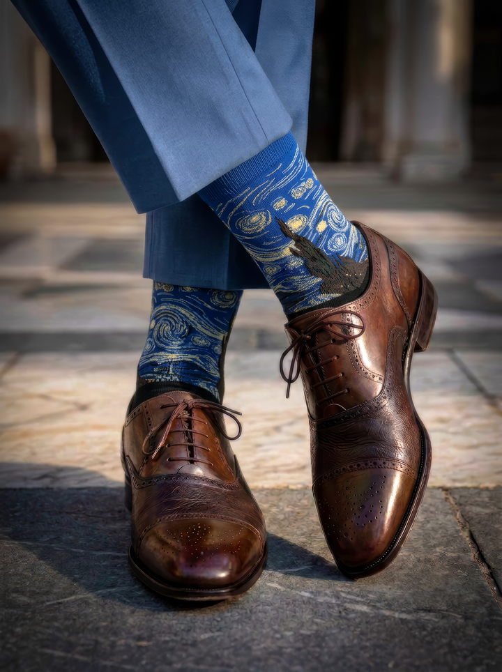 Starry Night Classic art socks worn with brown leather shoes in an outdoor setting