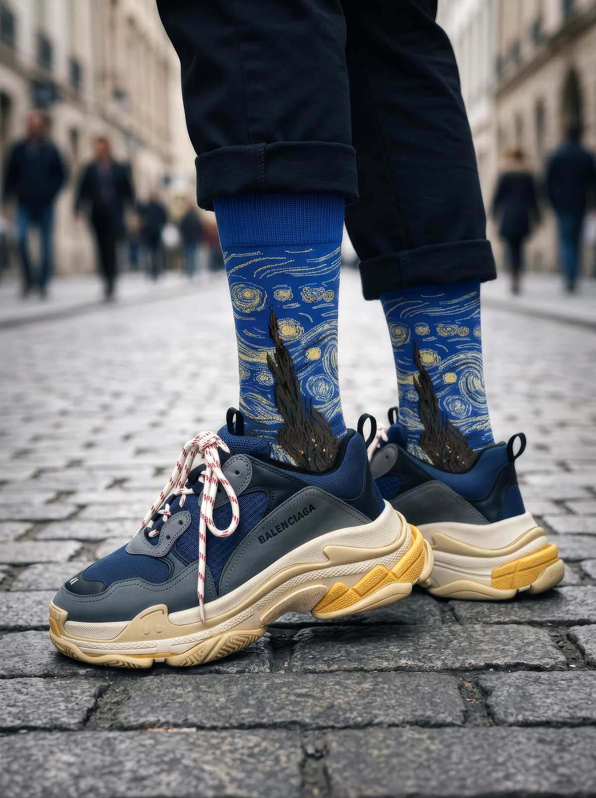 Starry Night Classic art socks by Vincent van Gogh worn with navy sneakers on a cobblestone city street