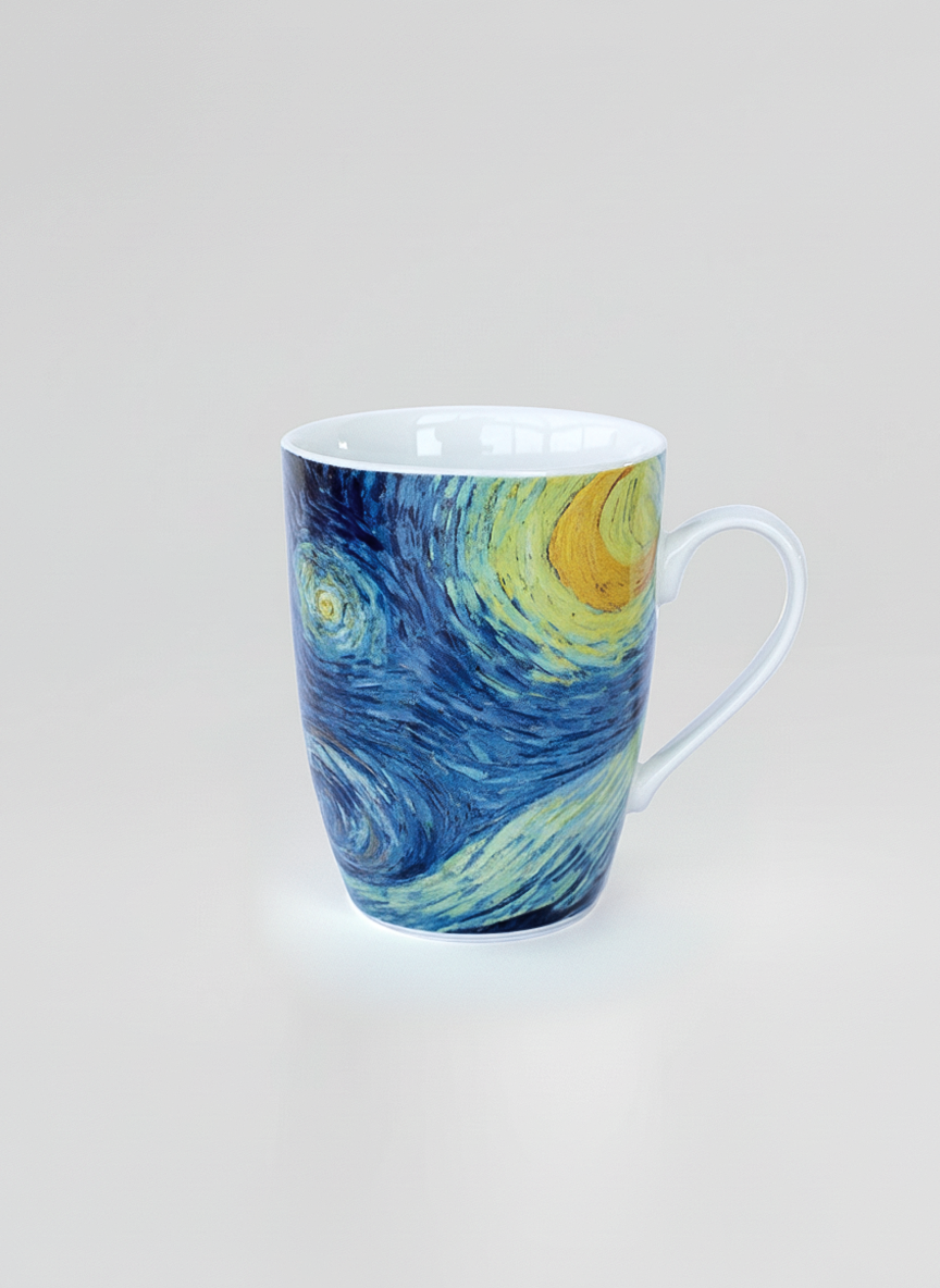 Van Gogh Starry Night porcelain mug front view – blue swirl art design, ArtyGifts
