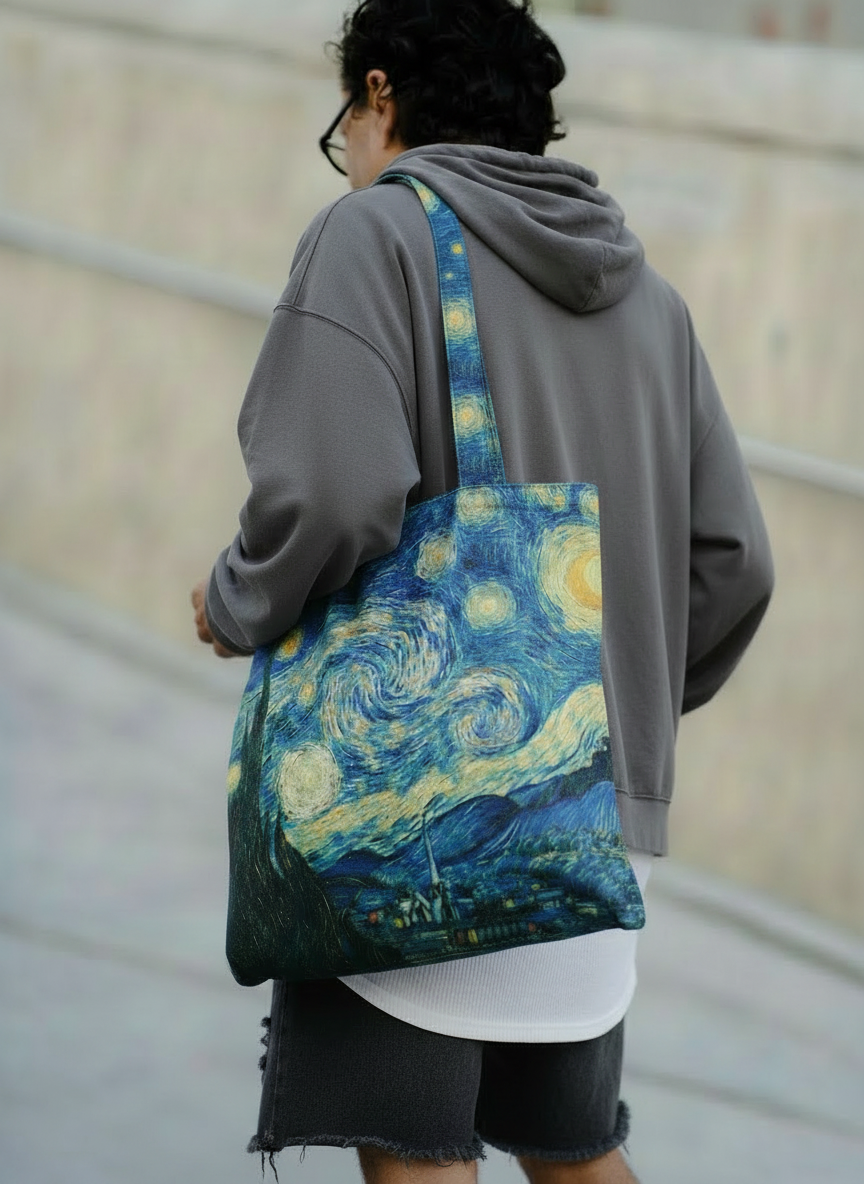 Man carrying Starry Night foldable shopper bag by Vincent van Gogh — ArtyGifts Travel Gift Set
