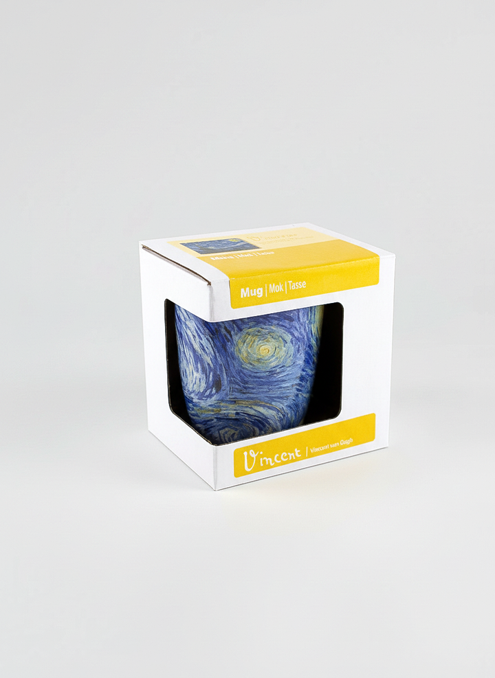 Van Gogh Starry Night mug gift box – yellow eco-friendly packaging, ArtyGifts