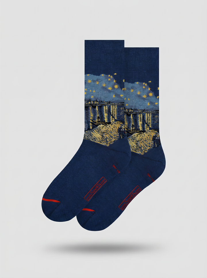 Pair of Starry Night over the Rhône art socks by Vincent van Gogh shown on a white background