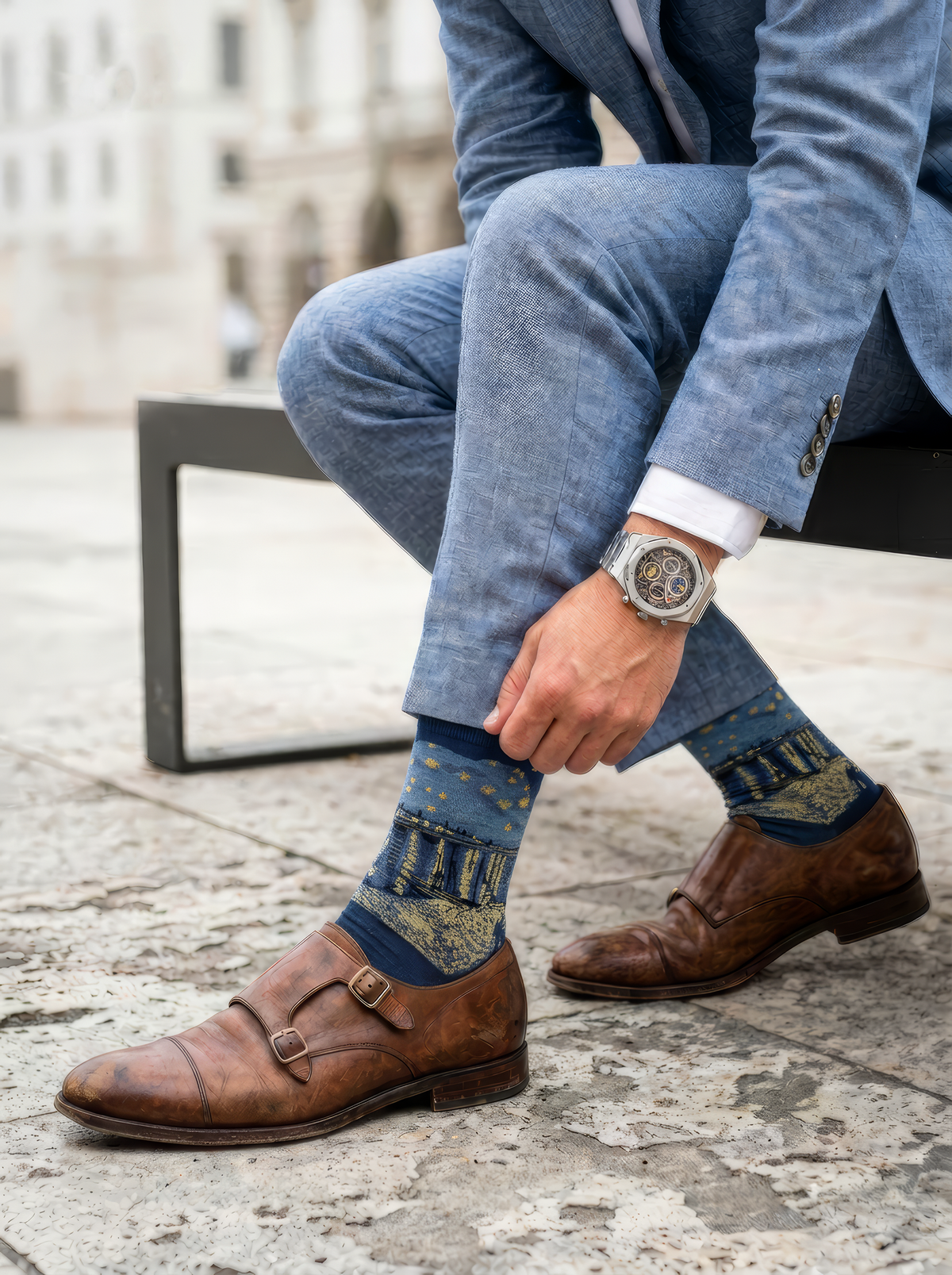 Starry Night over the Rhône art socks by Vincent van Gogh worn with brown double monk strap shoes and a light blue suit⠋

