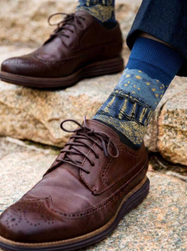 Starry Night over the Rhône art socks by Vincent van Gogh worn with brown leather brogue shoes on stone steps