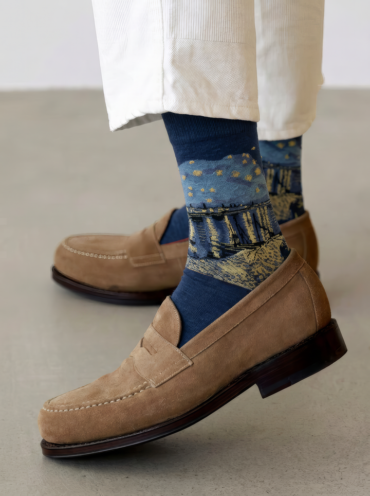 Starry Night over the Rhône art socks worn with brown loafers and light-coloured trousers