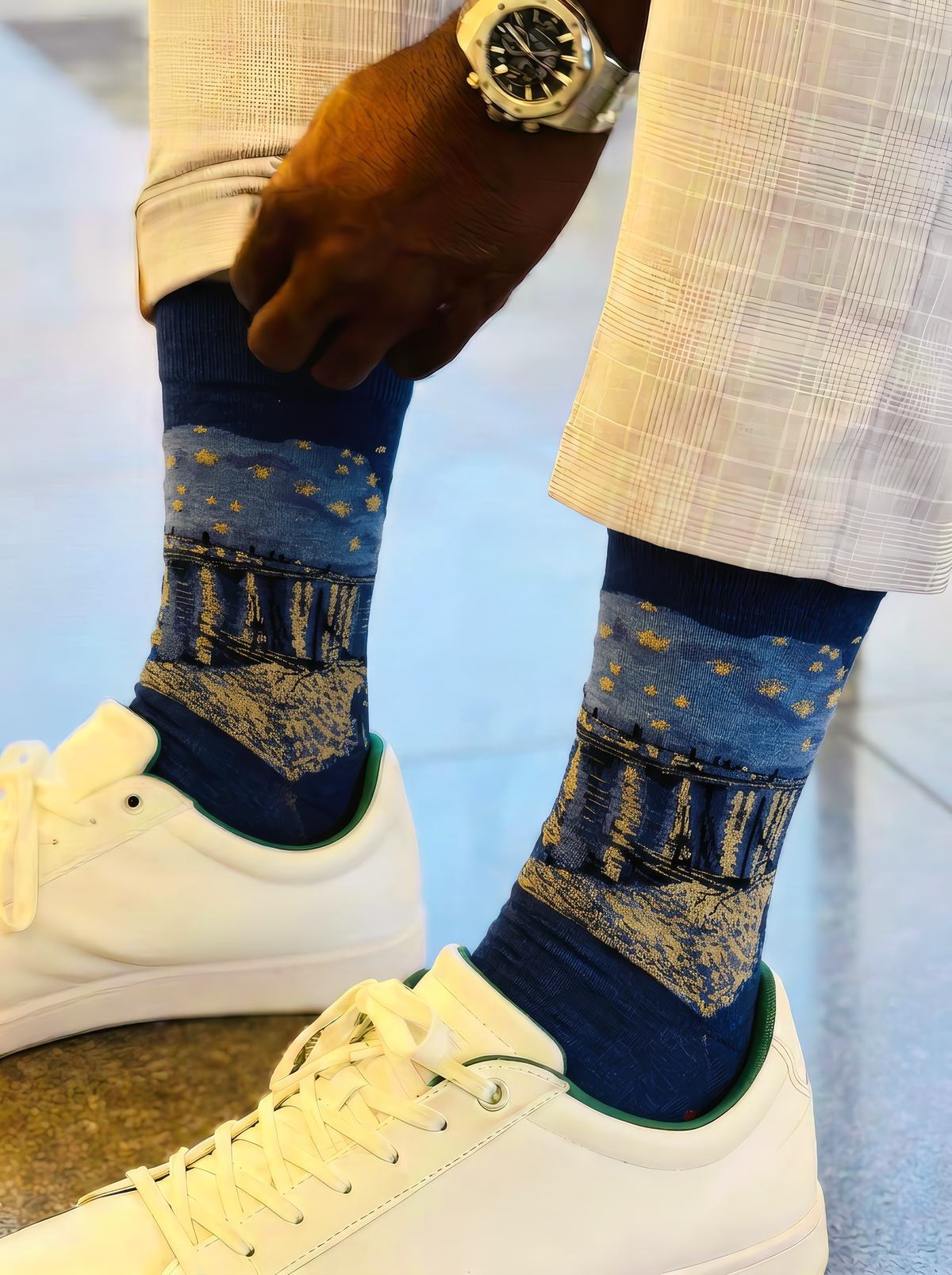 Starry Night over the Rhône art socks worn with white sneakers and light trousers