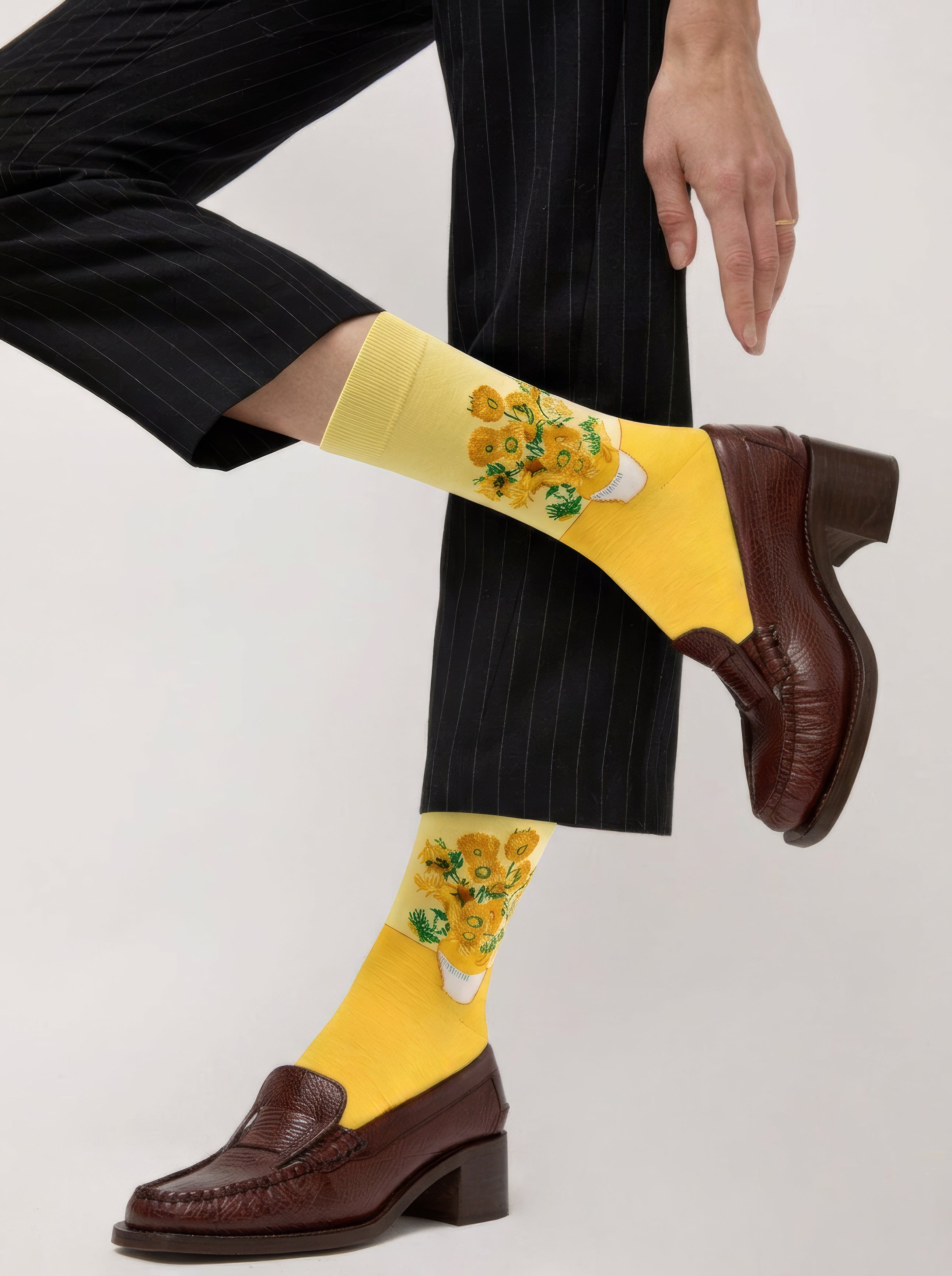 Vincent van Gogh Sunflowers art socks worn with brown loafers and black pinstripe suit – museum art gift from ArtyGifts
