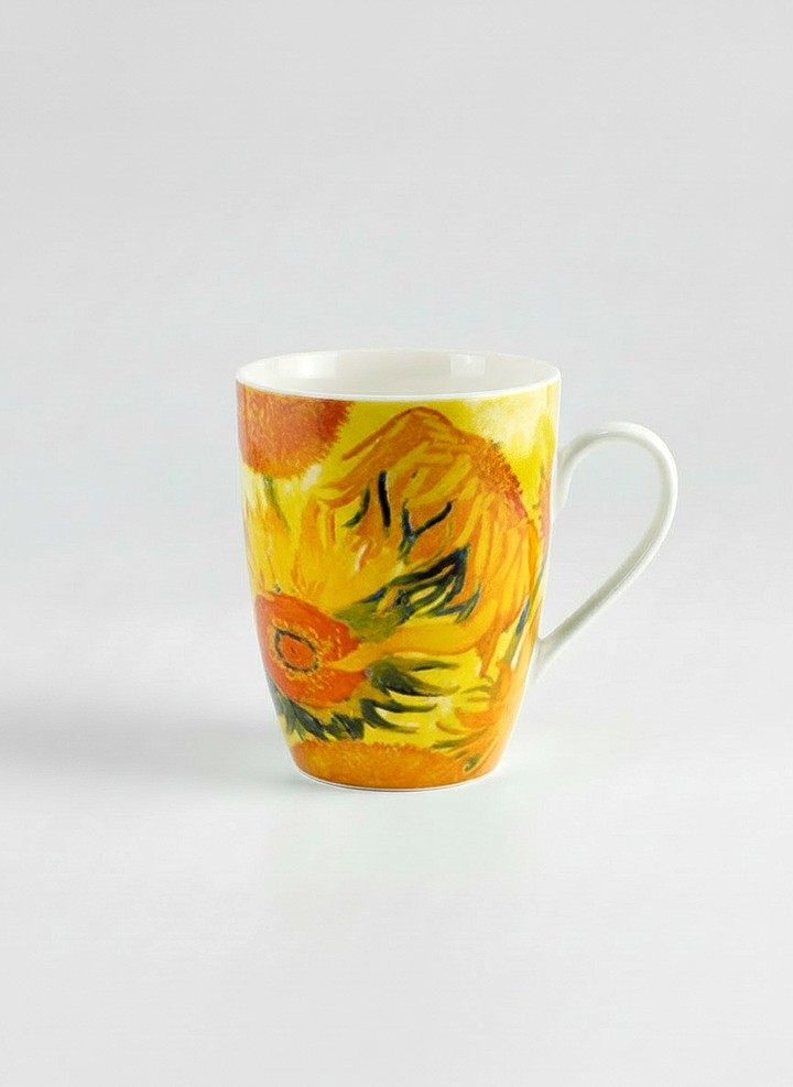 Van Gogh Sunflowers porcelain mug front view – yellow art gift, ArtyGifts museum shop
