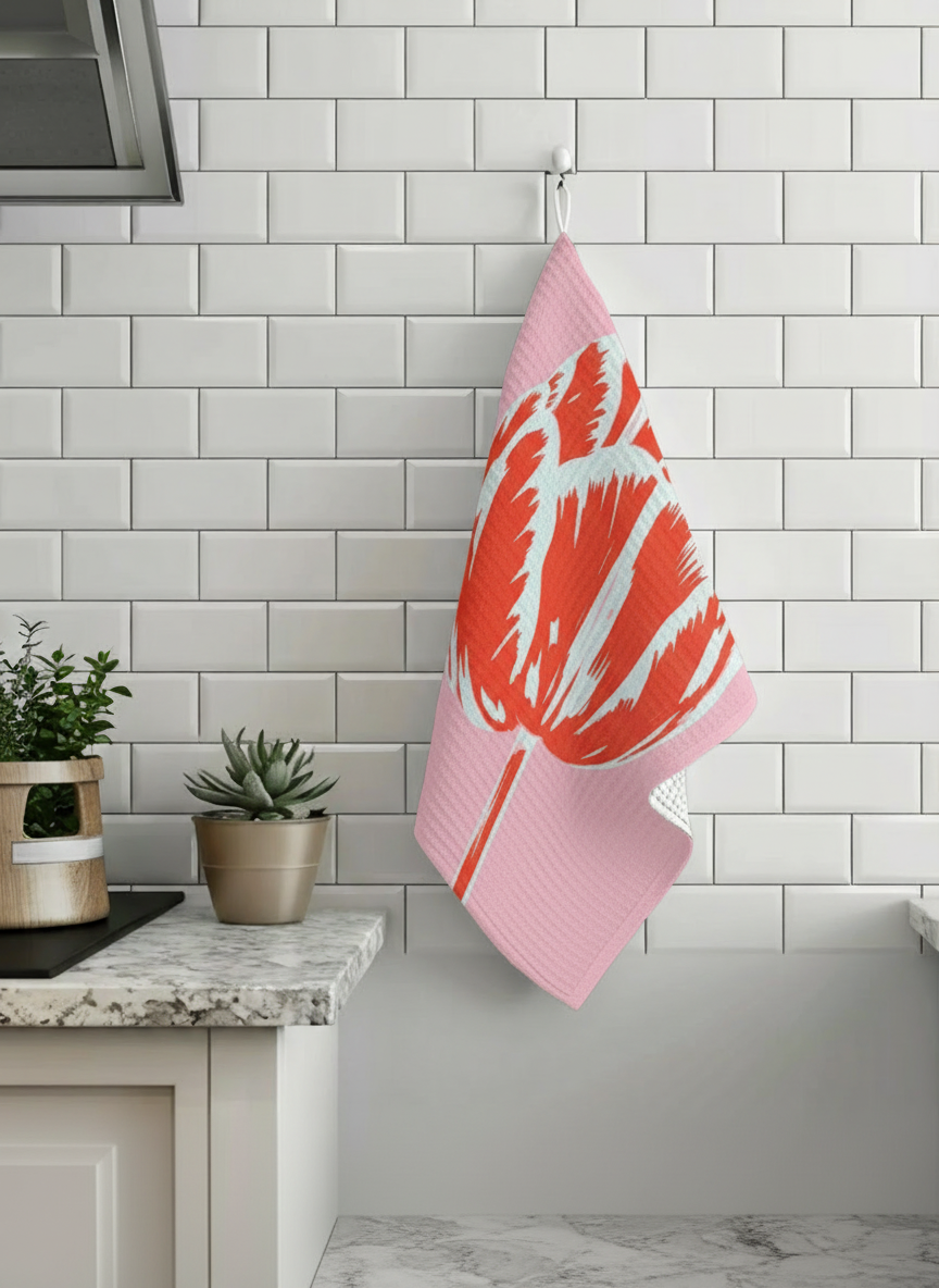 Modern Tulip red tea towel set styled in kitchen — contemporary art homeware by ArtyGifts
