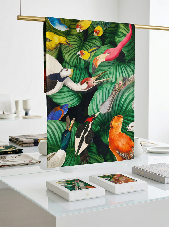 Bird Life tea towel set styled in kitchen — art-inspired homeware | Teyler Museum x ArtyGifts
