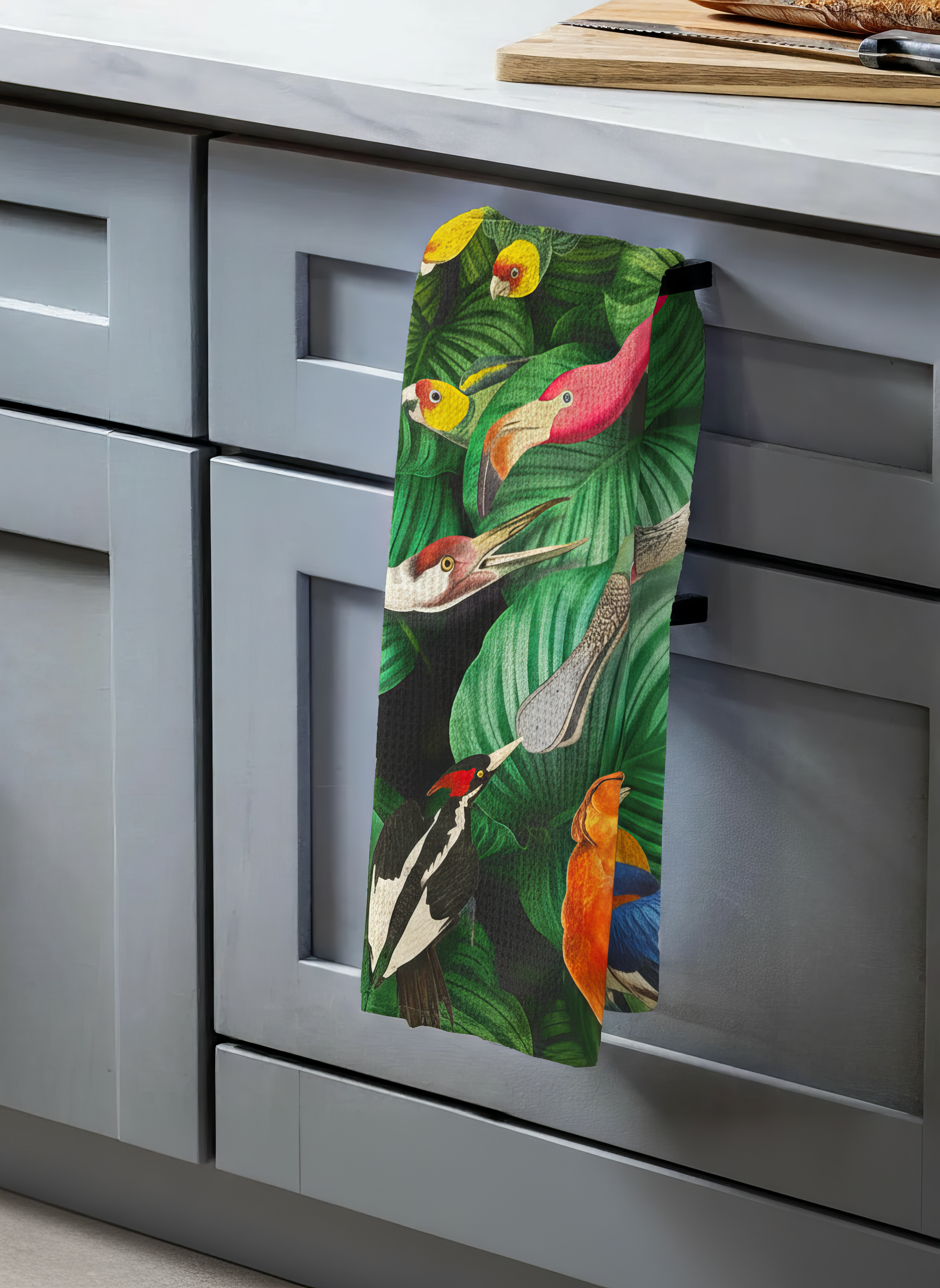 Tea Towel Birds of Life Teylers Museum Collection – hanging on oven handle kitchen lifestyle | ArtyGifts
