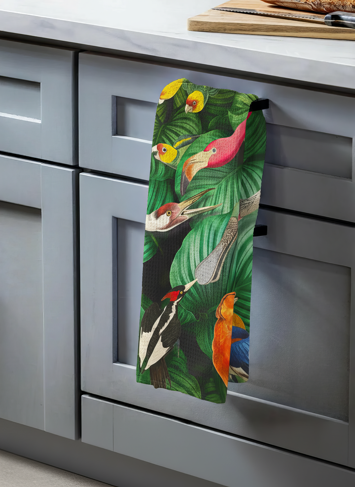 Tea Towel Birds of Life Teylers Museum Collection – hanging on oven handle kitchen lifestyle | ArtyGifts
