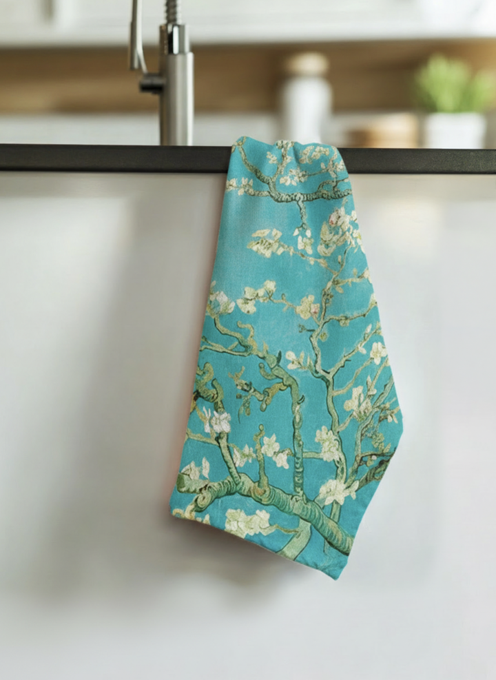 Van Gogh Almond Blossom tea towel set styled in kitchen — art-inspired homeware by ArtyGifts
