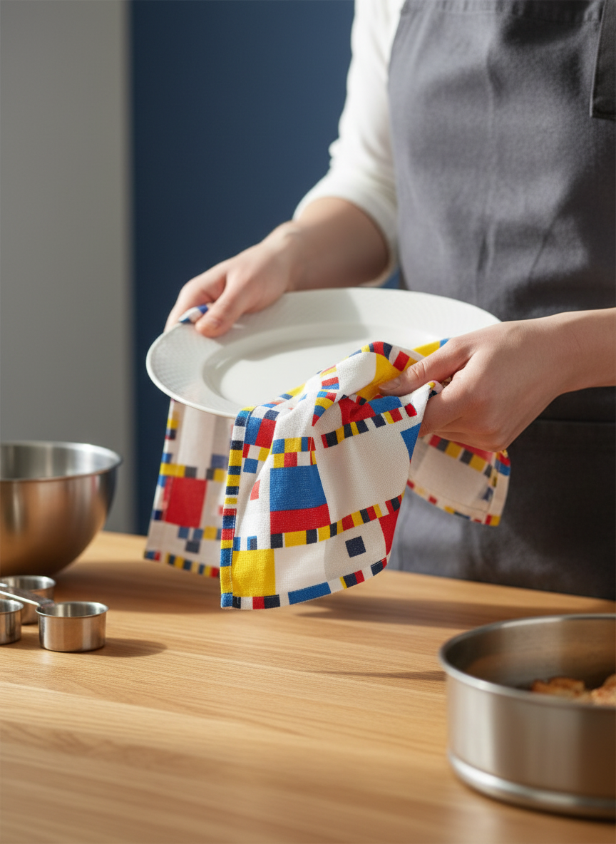 Mondrian Boogie Woogie tea towel set styled in kitchen — colorful art homeware by ArtyGifts
