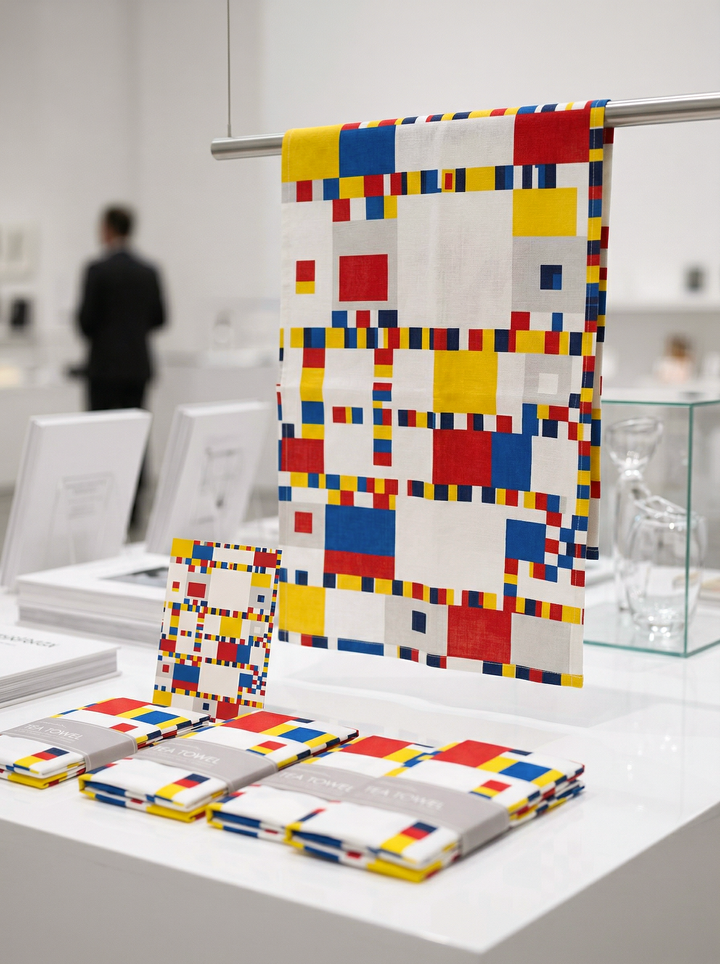 Mondrian Boogie Woogie tea towel set styled in museum shop — colorful art homeware by ArtyGifts
