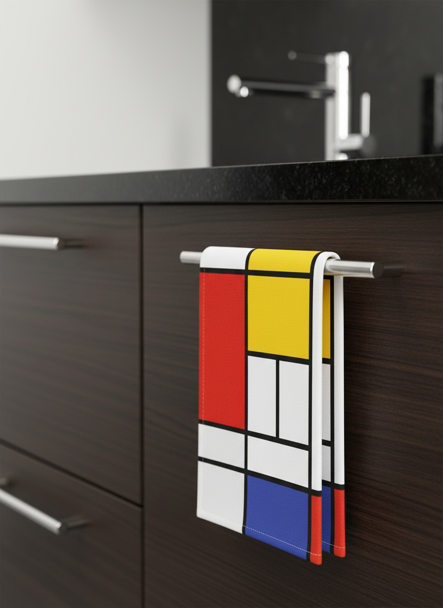 Mondrian Composition Red Blue and Yellow tea towel set in kitchen — ArtyGifts
